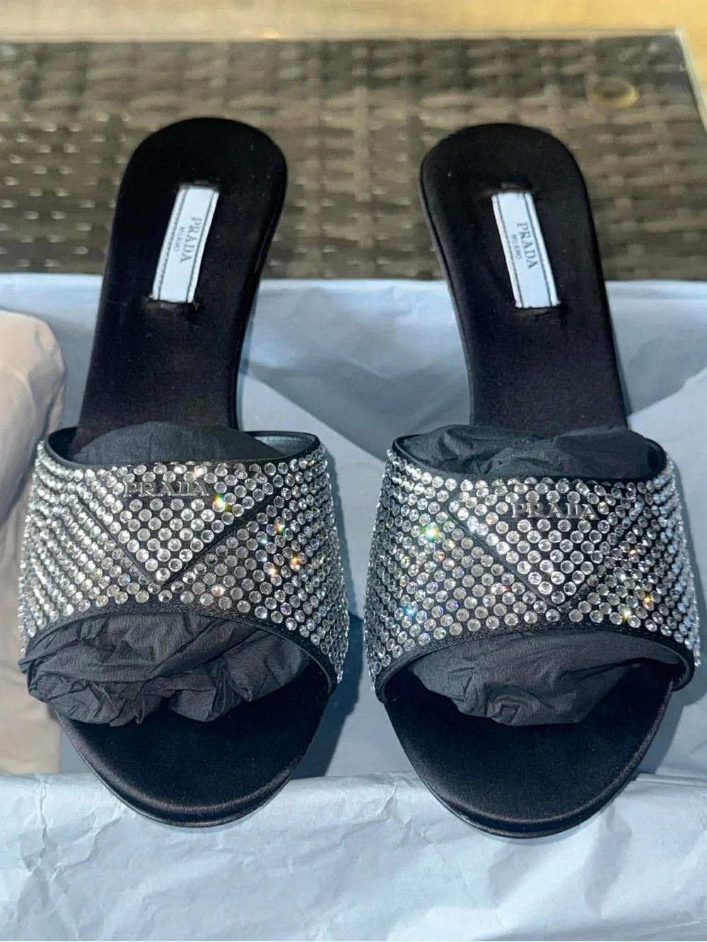 Prada SATIN HEELED SANDALS WITH CRYSTALS - Picture 2 of 15